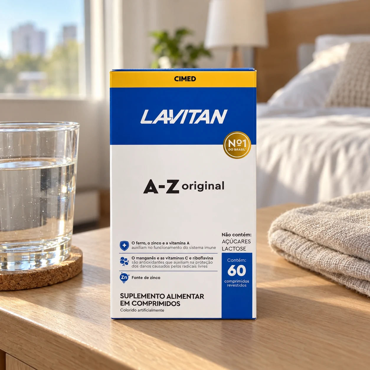 Caixa de Lavitan A-Z Original com 60 comprimidos sobre a mesa de cabeceira