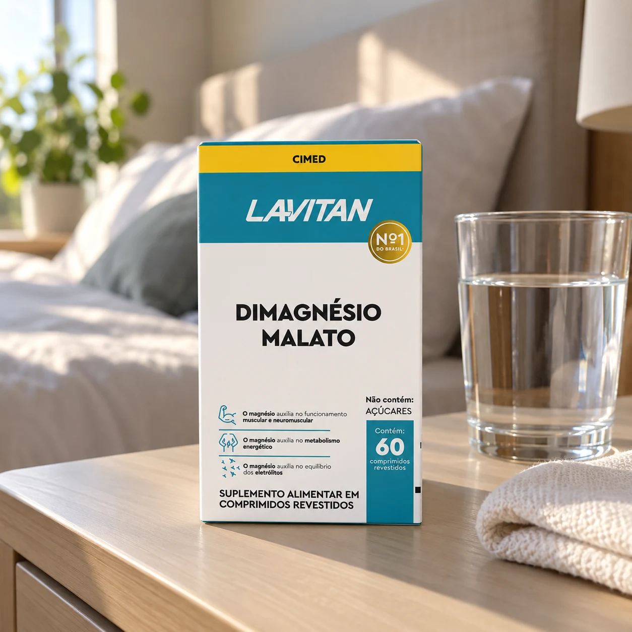 Caixa de Lavitan DiMagnésio Malato com 60 comprimidos na mesa de cabeceira