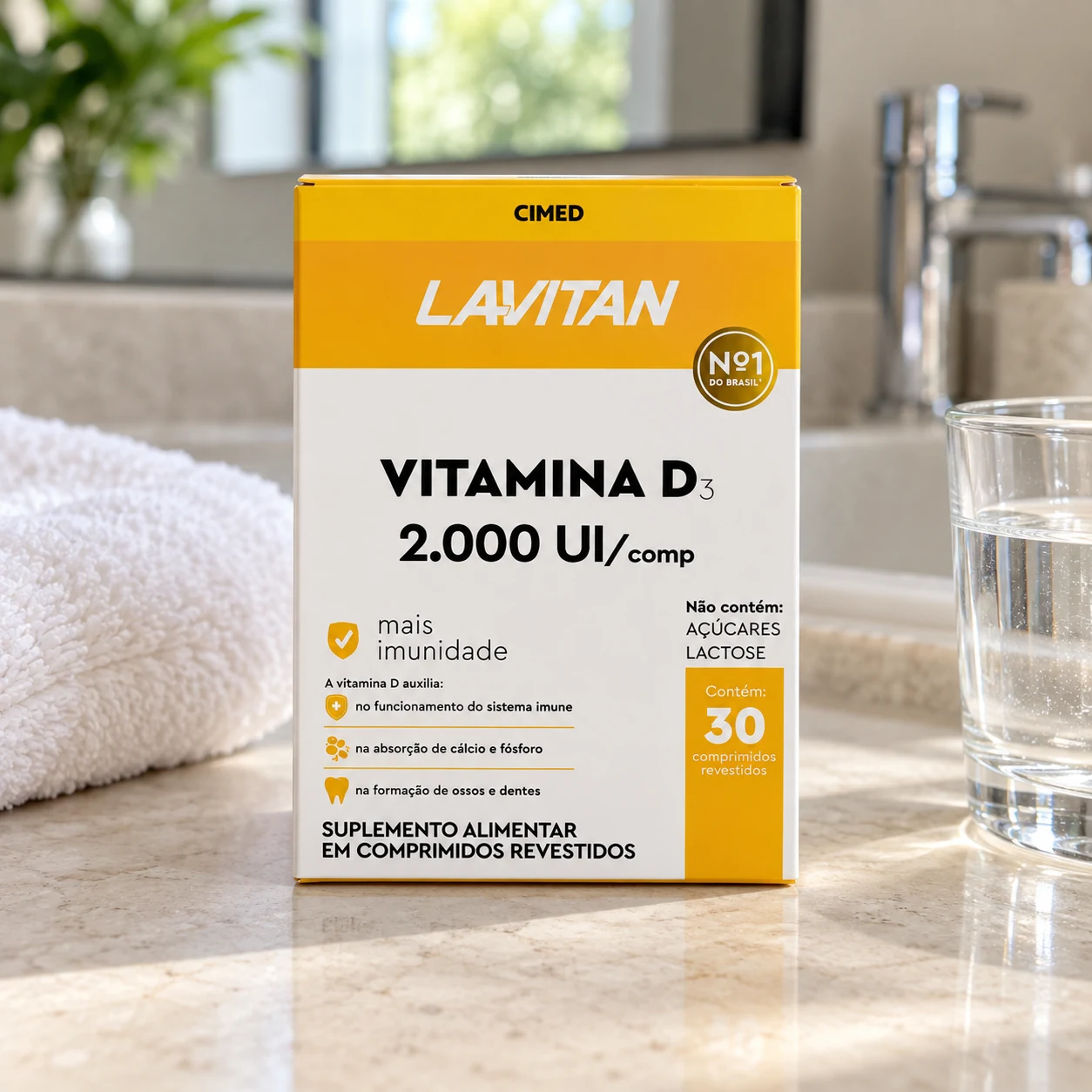 Caixa de Lavitan Vitamina D 2.000 UI com 30 comprimidos na bancada do banheiro