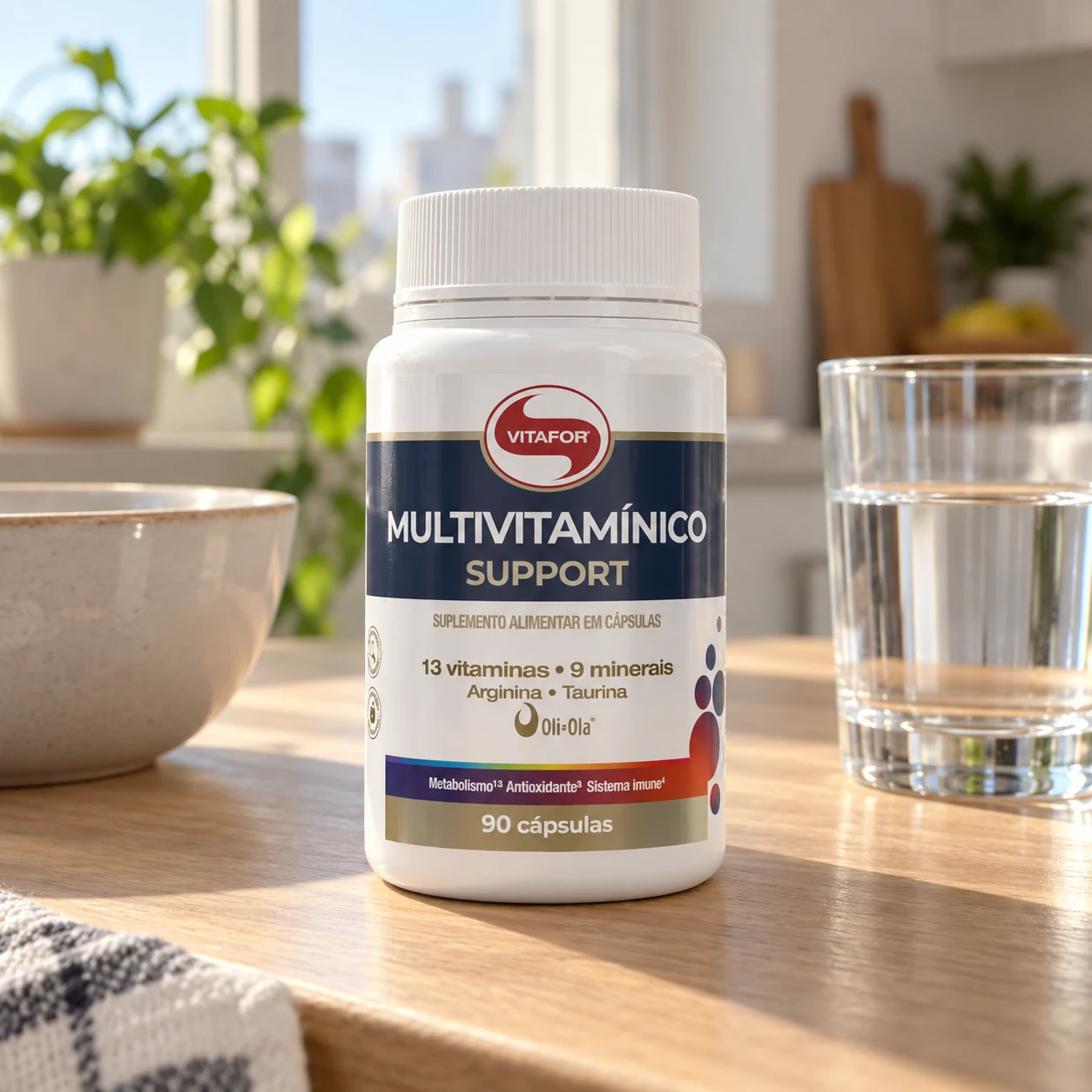 Pote de Vitafor Multivitamínico Support com 90 cápsulas na bancada da cozinha
