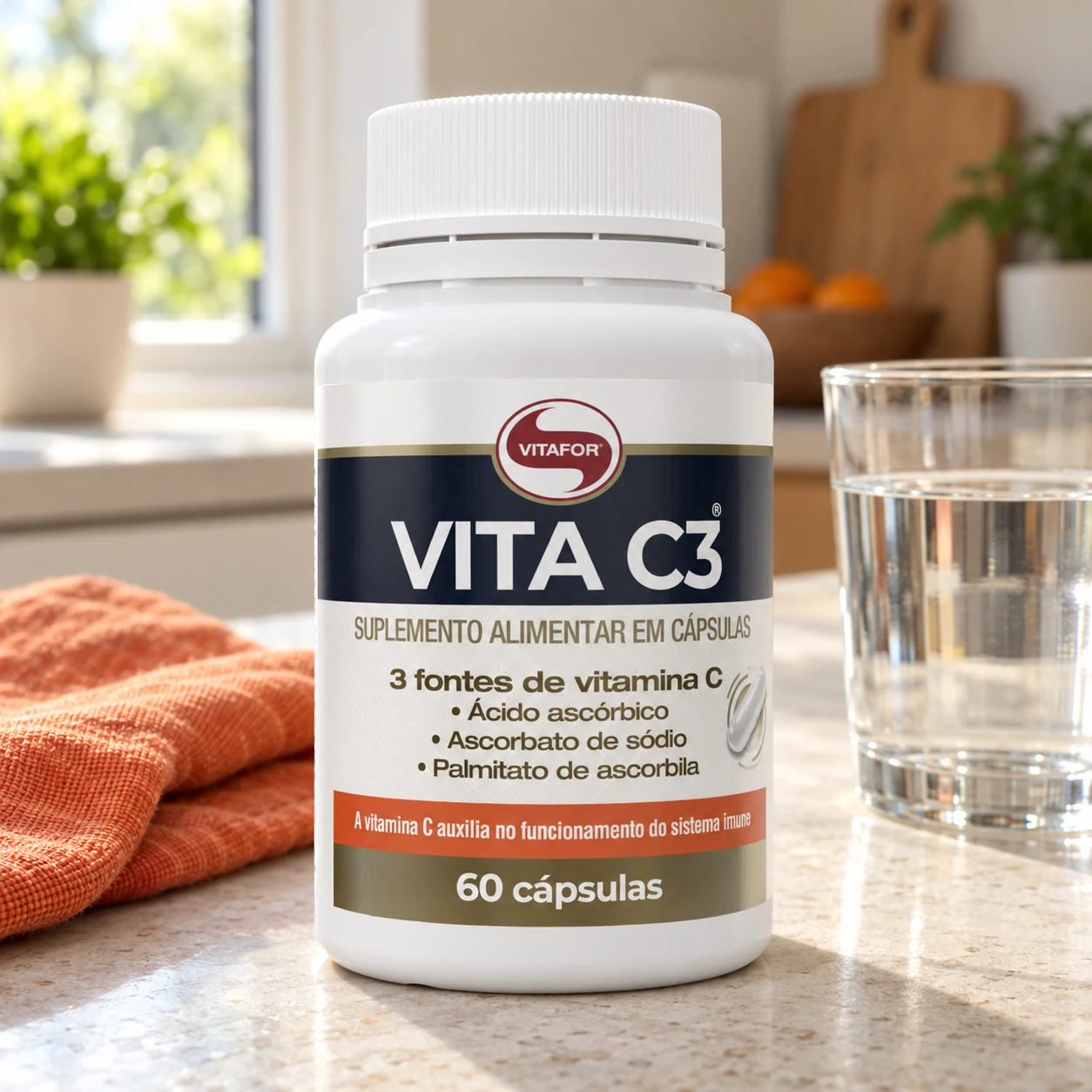 Pote de Vitafor Vita C3 com 60 cápsulas na bancada da cozinha