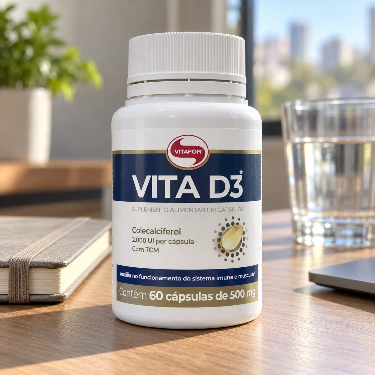 Pote de Vitafor Vita D3 com 60 cápsulas sobre a mesa de trabalho